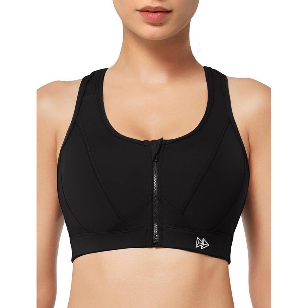 🆕Women Black Zip Front High Impact Sports Bra Plus Size Workout Fitness Running